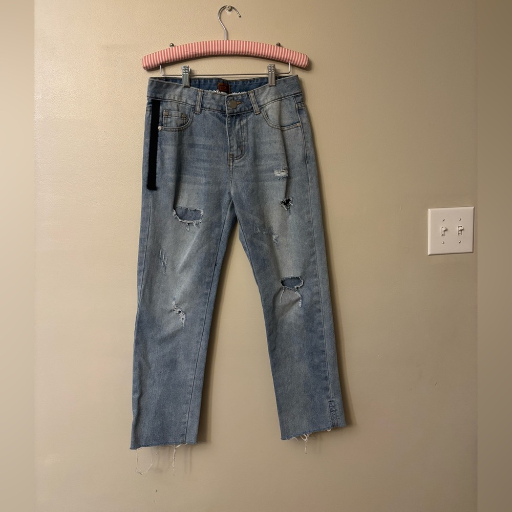 Women's Light Blue Distressed Straight Jeans
